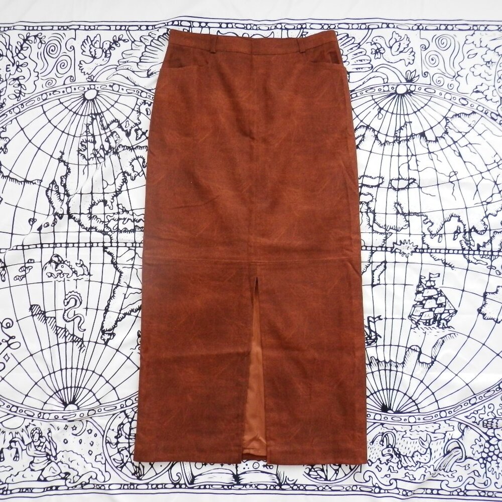 Conrad C || Vintage Faux Suede Slit Front Midi Skirt